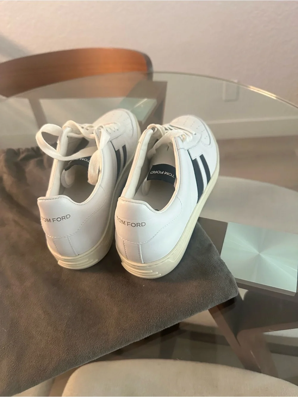Tom Ford White Leather Sneakers with Black Side Stripes